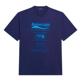 Balenciaga para hombre, colección otoño-invierno 2021, camiseta de punto retro con estampado de letras, manga corta, azul marino, 651795TKVF83866