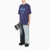 Balenciaga para hombre, colección otoño-invierno 2021, camiseta de punto retro con estampado de letras, manga corta, azul marino, 651795TKVF83866