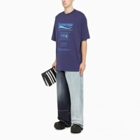 Balenciaga para hombre, colección otoño-invierno 2021, camiseta de punto retro con estampado de letras, manga corta, azul marino, 651795TKVF83866