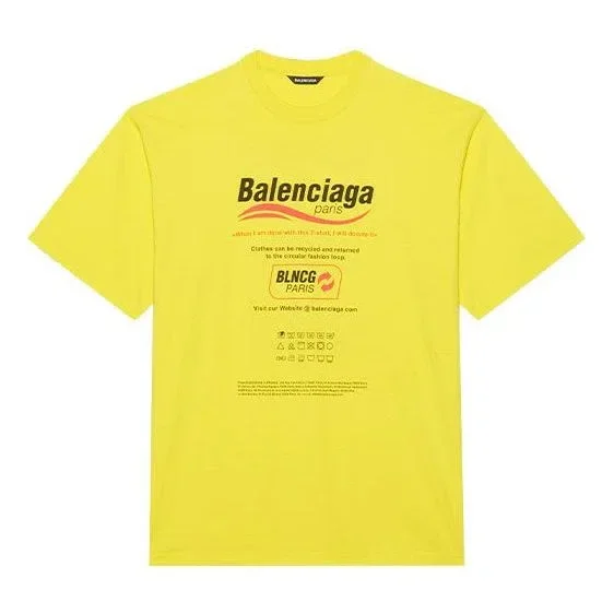 Balenciaga para hombre, lavado en seco, corte cuadrado, estampado con logotipo, holgada, manga corta, amarilla 651795TKVF87175