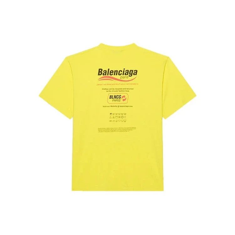 Balenciaga para hombre, lavado en seco, corte cuadrado, estampado con logotipo, holgada, manga corta, amarilla 651795TKVF87175