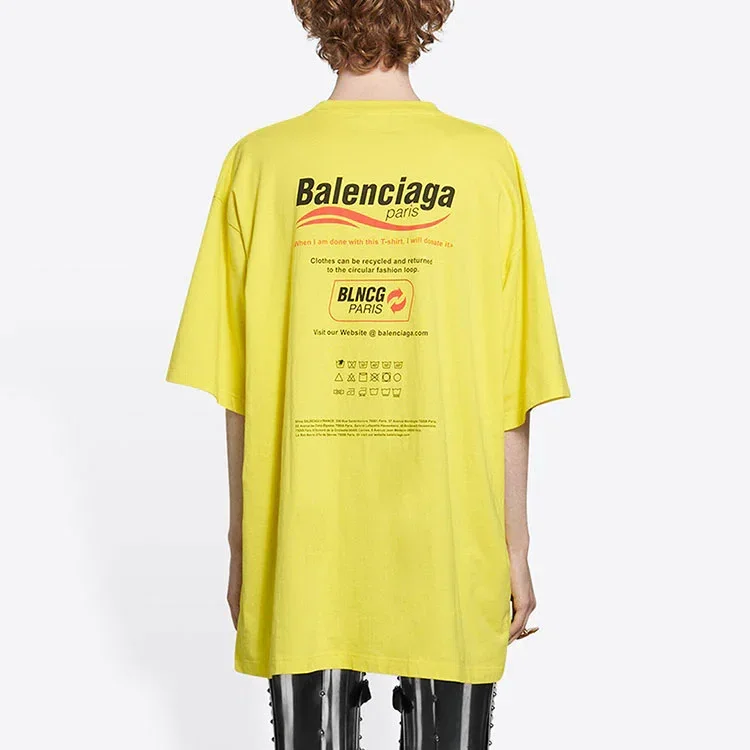 Balenciaga para hombre, lavado en seco, corte cuadrado, estampado con logotipo, holgada, manga corta, amarilla 651795TKVF87175