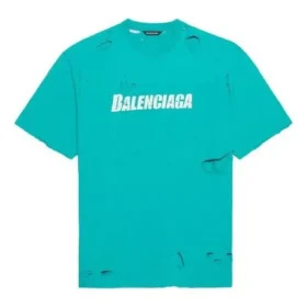 Balenciaga para hombre, temporada primavera-verano 2021, estampado de letras, cuello redondo con agujeros, manga corta, verde 651795TKVB84661