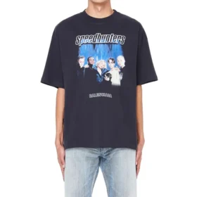 Balenciaga Speed Hunters para hombre, negro, banda azul, manga corta, gris, 541875TCV381055