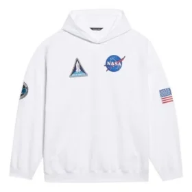 Balenciaga x NASA FW21 para hombre: sudadera clásica de algodón con capucha, corte holgado y mangas largas, con el logotipo «Crossover», color blanco, 651799TKVD89040 Balenciaga x NASA FW21 para hombre: sudadera clásica de algodón con capucha, corte holgado y mangas largas, con el logotipo «Crossover», color blanco, 651799TKVD89040