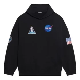 Balenciaga x NASA FW21 para hombre: sudadera clásica de algodón con capucha, corte holgado y mangas largas, con logotipo cruzado, en negro 651799TKVD81070 Balenciaga x NASA FW21 para hombre: sudadera clásica de algodón con capucha, corte holgado y mangas largas, con logotipo cruzado, en negro 651799TKVD81070