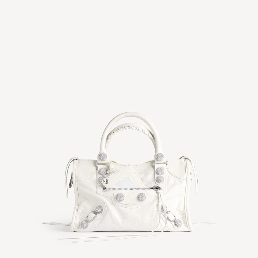 Bolso «Le City» para mujer, pequeño, con tachuelas gigantes y pedrería, en blanco óptico Bolso «Le City» para mujer, pequeño, con tachuelas gigantes y pedrería, en blanco óptico