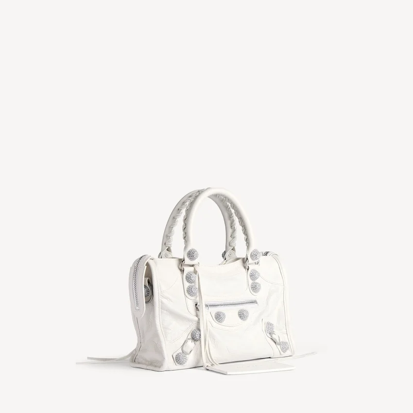 Bolso «Le City» para mujer, pequeño, con tachuelas gigantes y pedrería, en blanco óptico Bolso «Le City» para mujer, pequeño, con tachuelas gigantes y pedrería, en blanco óptico