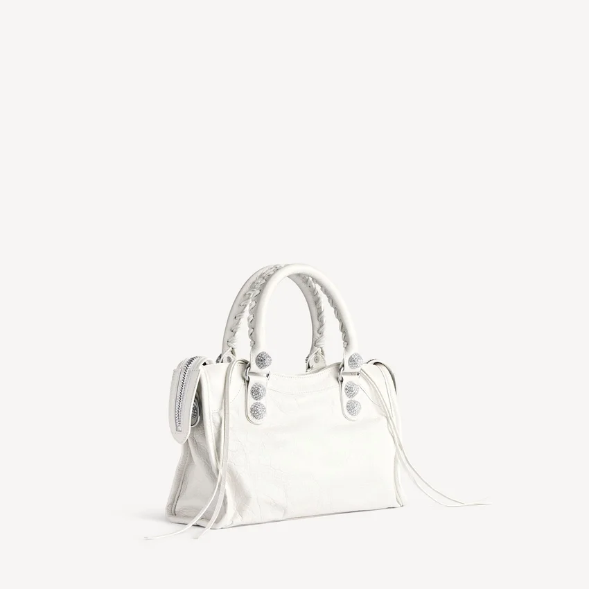 Bolso «Le City» para mujer, pequeño, con tachuelas gigantes y pedrería, en blanco óptico Bolso «Le City» para mujer, pequeño, con tachuelas gigantes y pedrería, en blanco óptico