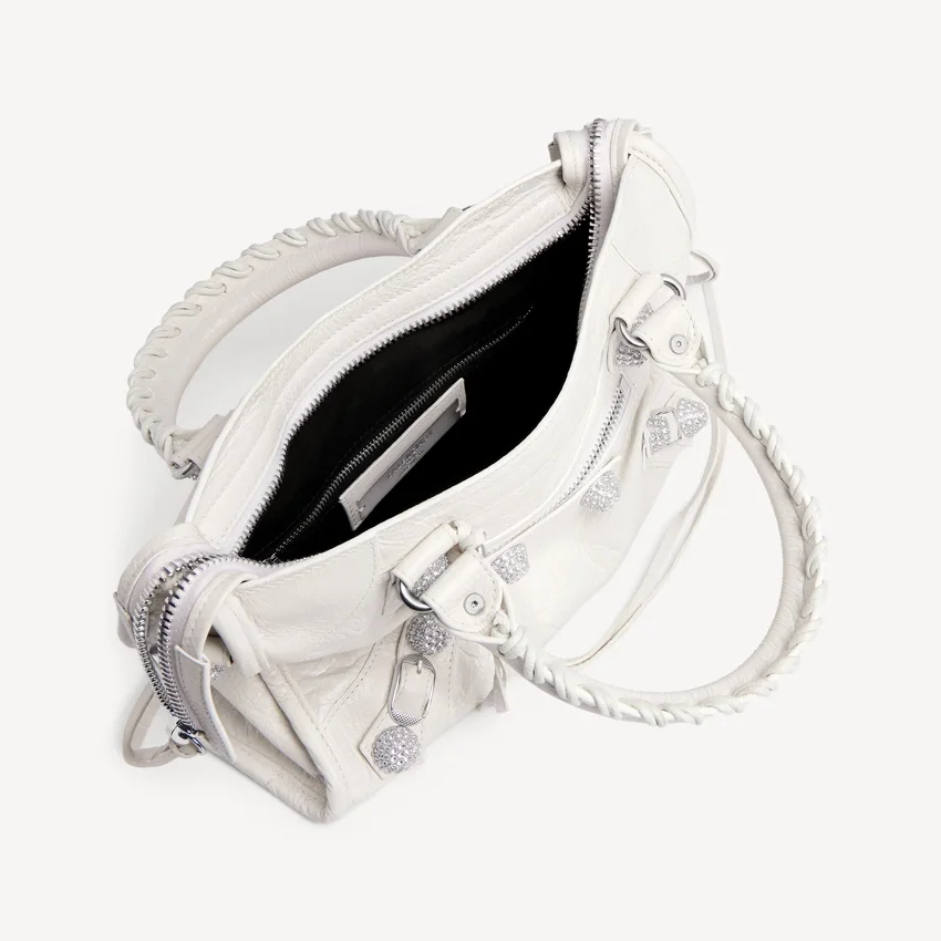 Bolso «Le City» para mujer, pequeño, con tachuelas gigantes y pedrería, en blanco óptico Bolso «Le City» para mujer, pequeño, con tachuelas gigantes y pedrería, en blanco óptico
