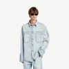 Camisa de denim de manga larga para hombre en azul claro