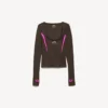 Camiseta ajustada de manga larga para mujer, estilo «techwear», en color marrón caqui/rosa neón Camiseta ajustada de manga larga para mujer, estilo «techwear», en color marrón caqui/rosa neón