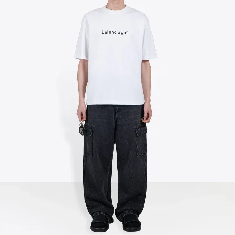Camiseta blanca de manga corta y corte holgado con estampado del logotipo de Balenciaga para hombre 612966TIV549040