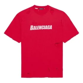 Camiseta de hombre Balenciaga con estampado de letras, cuello redondo, manga corta y agujeros, color rojo 651795TKVB86295