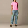 Camiseta de manga corta con cuello redondo y bordado, rosa 612964TJVD95764