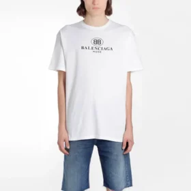 Camiseta de manga corta con cuello redondo y estampado del logotipo de Balenciaga para hombre, color blanco, 556150TYK239000 Camiseta de manga corta con cuello redondo y estampado del logotipo de Balenciaga para hombre, color blanco, 556150TYK239000