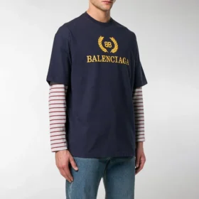 Camiseta de manga corta con cuello redondo y logotipo de Balenciaga para hombre, azul marino 535622TAV044128 Camiseta de manga corta con cuello redondo y logotipo de Balenciaga para hombre, azul marino 535622TAV044128