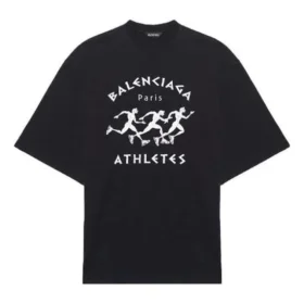 Camiseta de manga corta holgada para hombre de Balenciaga con estampado de patrón y logotipo, color negro, 641614TJVK61070 Camiseta de manga corta holgada para hombre de Balenciaga con estampado de patrón y logotipo, color negro, 641614TJVK61070