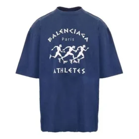 Camiseta de manga corta holgada para hombre de Balenciaga, temporada primavera-verano 2021, con estampado de motivos de carrera y logotipo, azul, 641614TJVK64866 Camiseta de manga corta holgada para hombre de Balenciaga, temporada primavera-verano 2021, con estampado de motivos de carrera y logotipo, azul, 641614TJVK64866