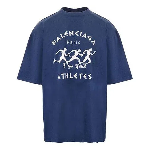 Camiseta de manga corta holgada para hombre de Balenciaga, temporada primavera-verano 2021, con estampado de motivos de carrera y logotipo, azul, 641614TJVK64866
