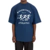 Camiseta de manga corta holgada para hombre de Balenciaga, temporada primavera-verano 2021, con estampado de motivos de carrera y logotipo, azul, 641614TJVK64866