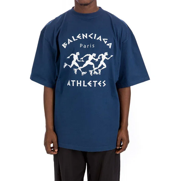 Camiseta de manga corta holgada para hombre de Balenciaga, temporada primavera-verano 2021, con estampado de motivos de carrera y logotipo, azul, 641614TJVK64866