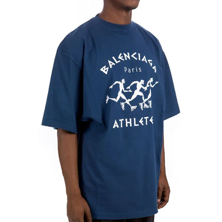 Camiseta de manga corta holgada para hombre de Balenciaga, temporada primavera-verano 2021, con estampado de motivos de carrera y logotipo, azul, 641614TJVK64866