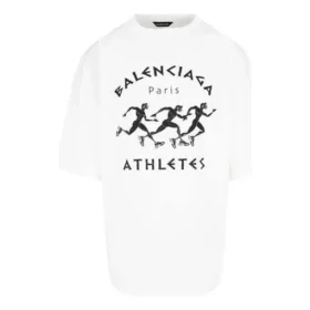 Camiseta de manga corta para hombre Balenciaga SS21 con estampado de maratón y logotipo, blanca, 641614TJVK69040