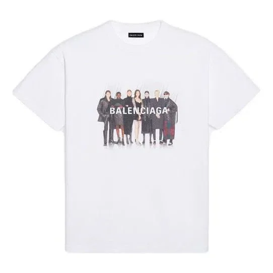 Camiseta de manga corta retro para hombre de Balenciaga con estampado del logotipo «Band Portrait», blanca, 612966TIV479000