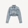 Chaqueta corta de corte curvo para mujer en azul claro decolorado Chaqueta corta de corte curvo para mujer en azul claro decolorado