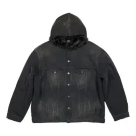 Chaqueta de Denim con capucha y botones con efecto decolorado «Negro» 724653TNW541129