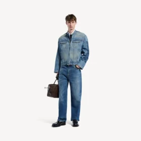 Chaqueta motera de denim ajustada para hombre en azul oscuro
