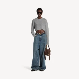 Jersey corto de cuello redondo para mujer en gris jaspeado