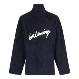 Jersey de cuello alto de algodón cepillado con logotipo garabateado «Azul marino» 625935T31828065