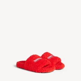 Mules abiertos de pelo para hombre en naranja pop/blanco/rojo