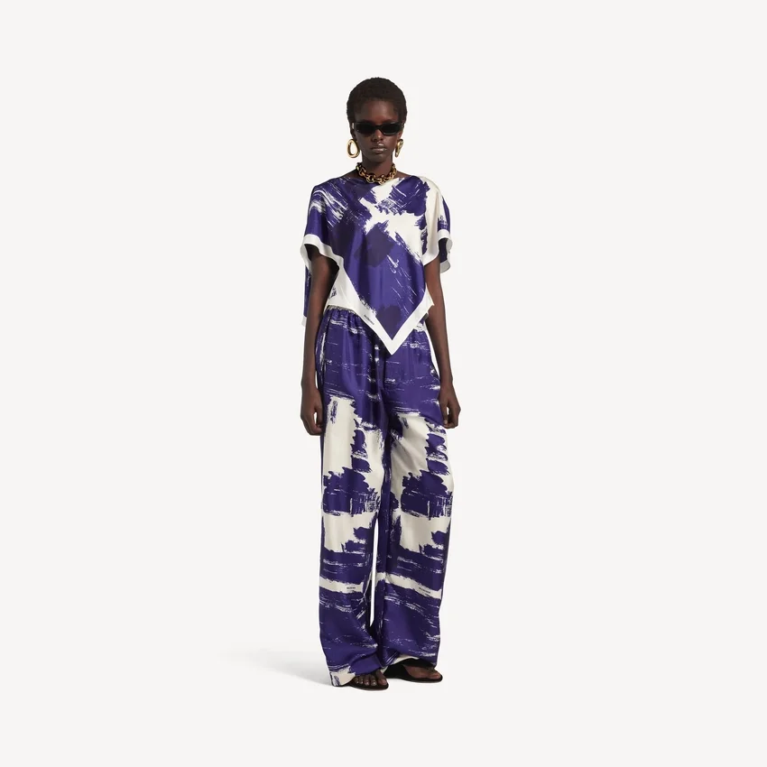 Pantalones de pijama de mujer con estampado de pincel en azul Pantalones de pijama de mujer con estampado de pincel en azul