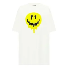 SS21 Camiseta holgada de manga corta con estampado de cara sonriente, blanca, 641655TKVA18639
