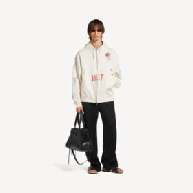 Sudadera con capucha oversize para hombre con estampado de tatuajes y cremallera, en color crema Sudadera con capucha oversize para hombre con estampado de tatuajes y cremallera, en color crema