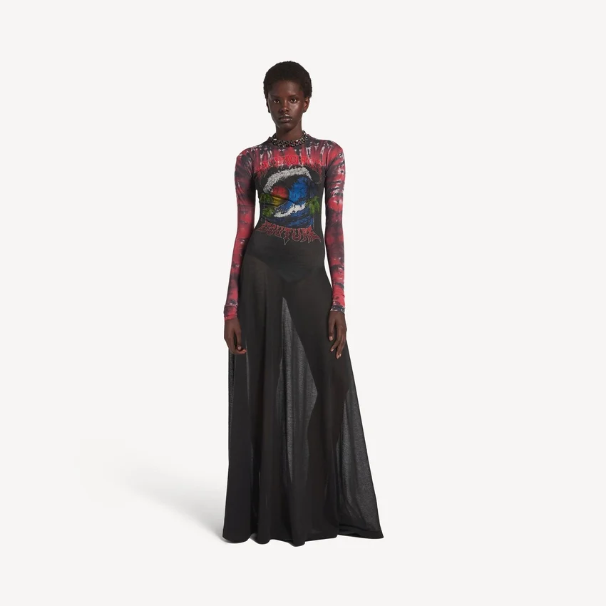 Vestido de manga larga con estampado «tie dye» extremo para mujer en negro Vestido de manga larga con estampado «tie dye» extremo para mujer en negro